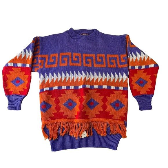 Rags Womens Sweater Vintage New 80s Knitwear Purple Orange Aztec Fringe Medium - Picture 6 of 10
